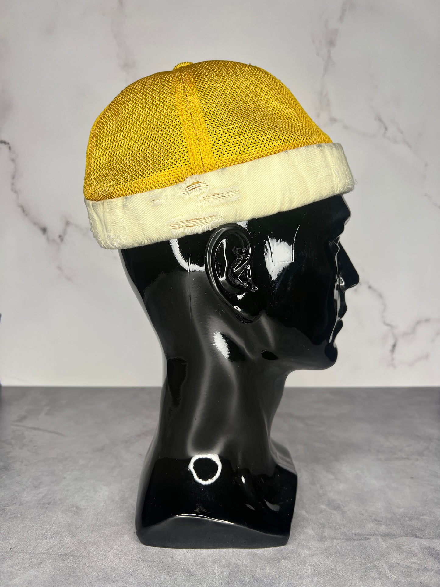 “Golden Glow” Brimless Distressed Mesh Trucker Cap
