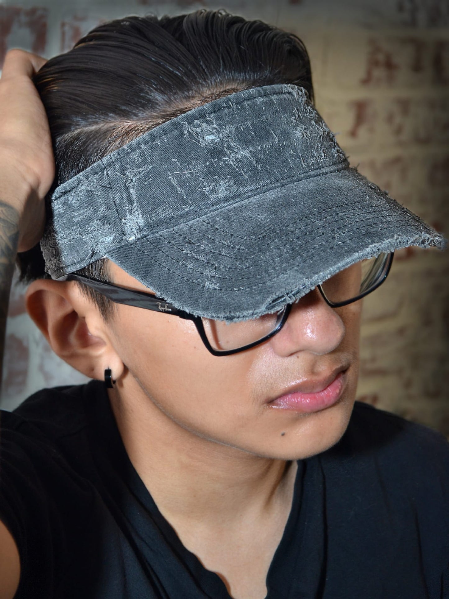 “Faded Black” Distressed Denim Visor Cap