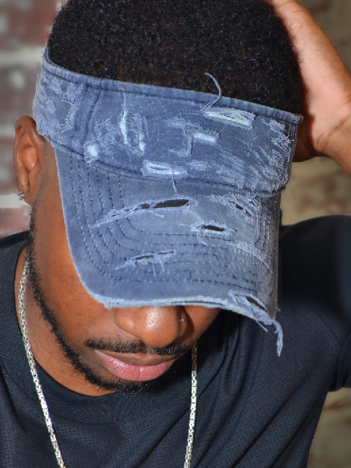 “Washed Navy” Distressed Denim Visor Cap